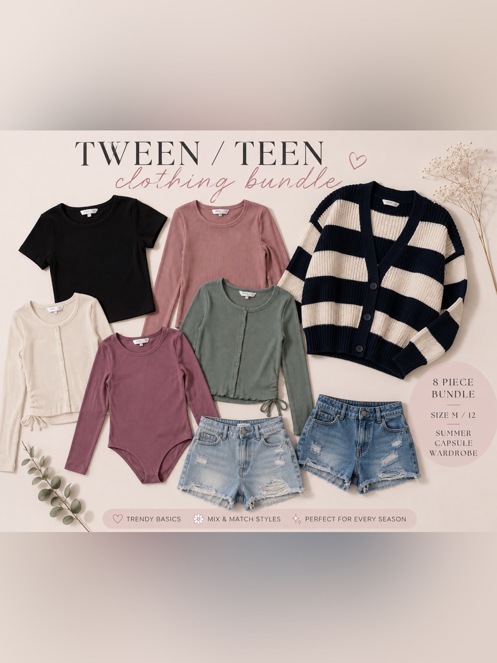 Tween/Teen Summer Bundle M/12 | Ribbed Tops & Denim Shorts Y2K